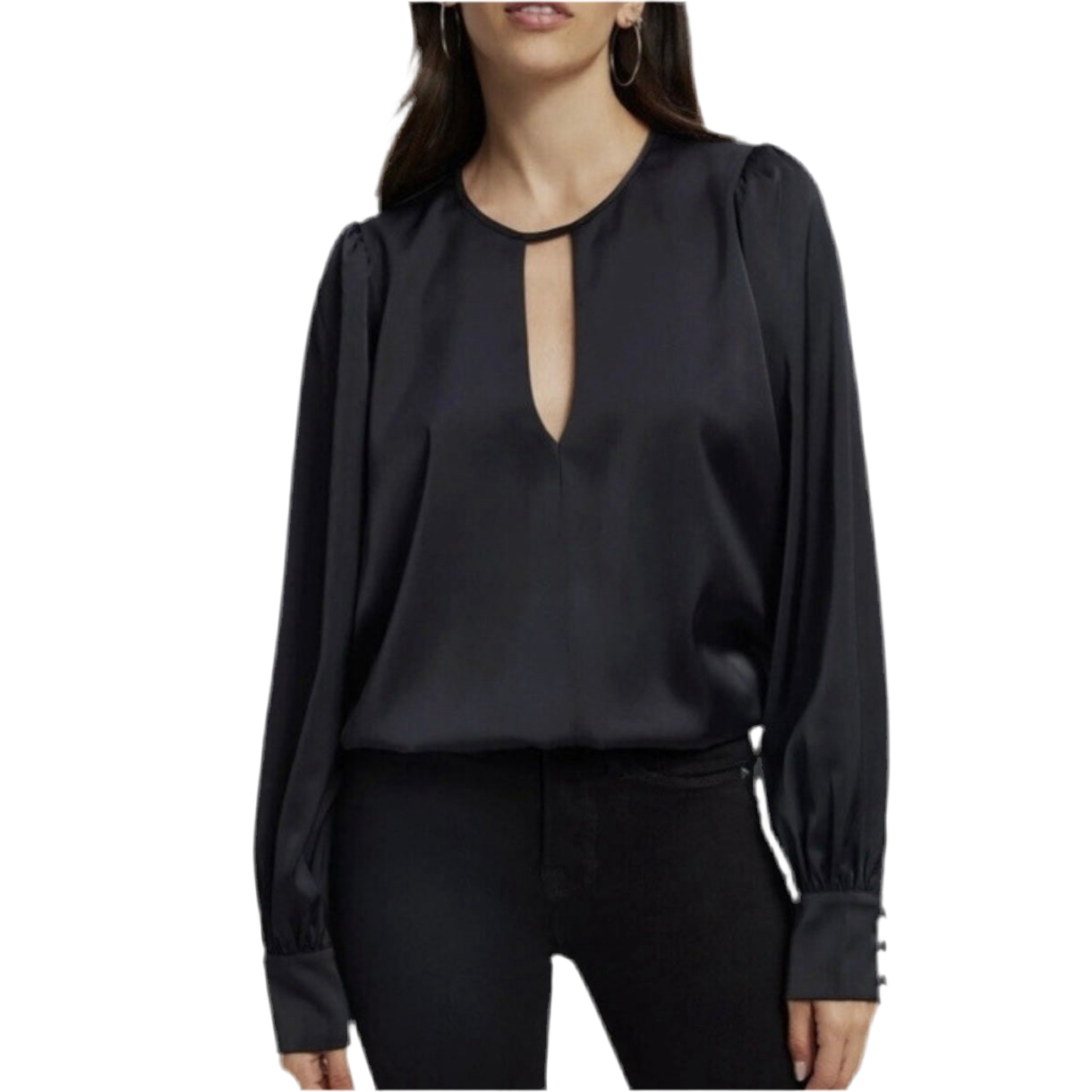 GOOD AMERICAN | SATIN KEYHOLE BUTTON CUFF BLOUSE