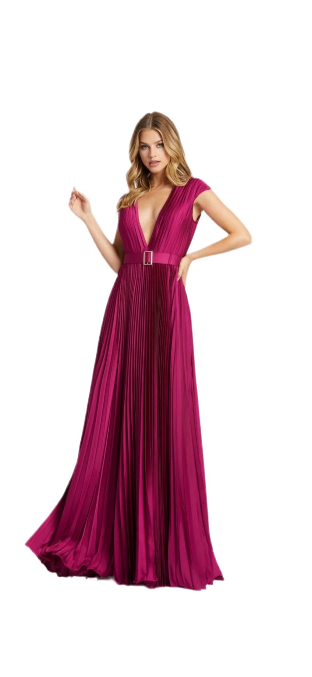 MAC DUGGAL (IEENA) | STYLE #26285 | PLEATED PLUNGE NECK BELTED A LINE GOWN