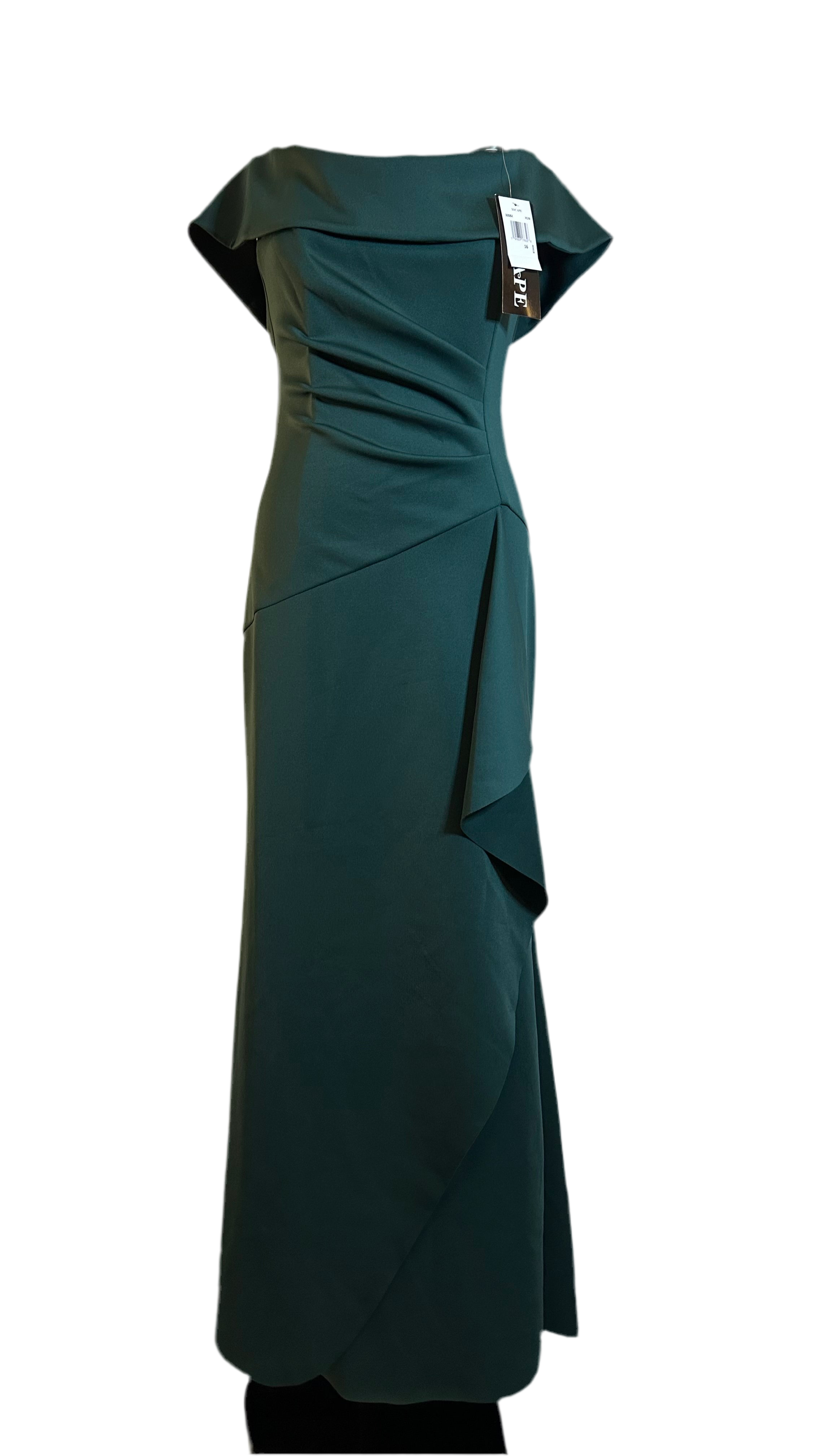 XSCAPE | STYLE #3005x | OFF THE SHOULDER SCUBA CREPE RUCHED BODICE FRONT RUFFLE GOWN