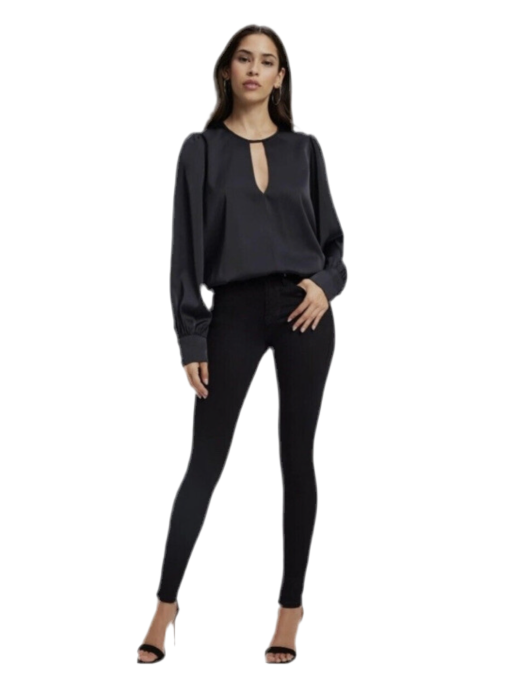 GOOD AMERICAN | SATIN KEYHOLE BUTTON CUFF BLOUSE