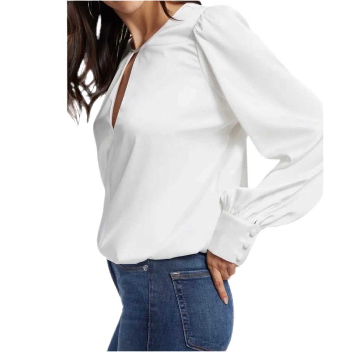 GOOD AMERICAN | SATIN KEYHOLE BUTTON CUFF BLOUSE