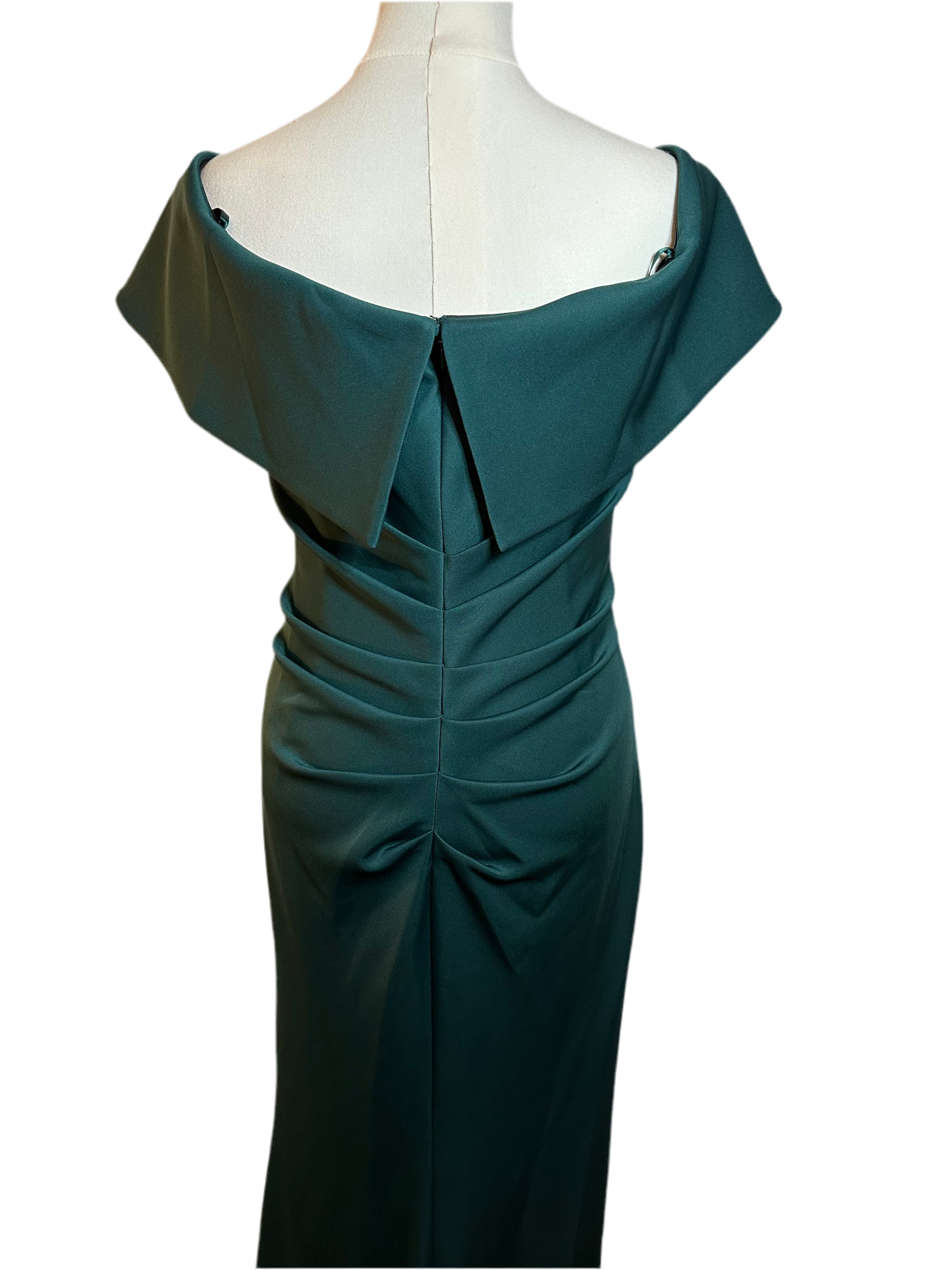 XSCAPE | STYLE #3005x | OFF THE SHOULDER SCUBA CREPE RUCHED BODICE FRONT RUFFLE GOWN