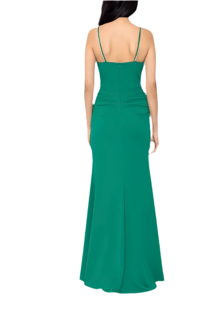XSCAPE | 
STYLE # 5437 | GATHERED SCUBA CREPE W/BEADED STRAP TRUMPET DRESS