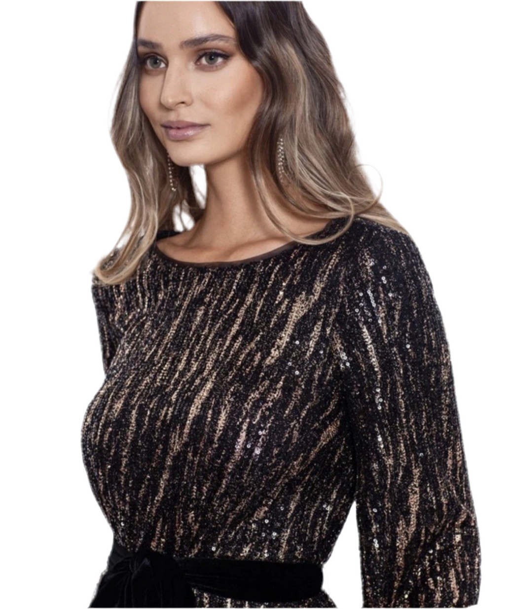 BETSY & ADAM | SEQUINED METALLIC VELVET TIE DRESS