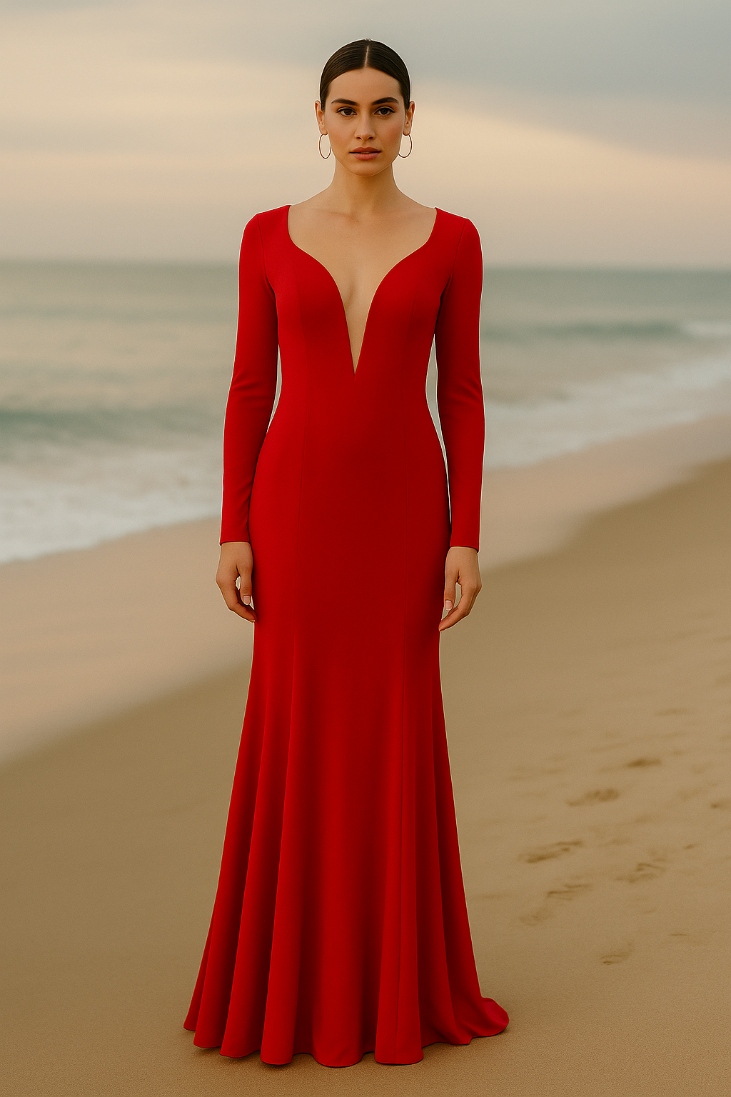 MAC DUGGAL (IEENA) | STYLE #26043 | LONG SLEEVE PLUNGE V-NECK JERSEY GOWN