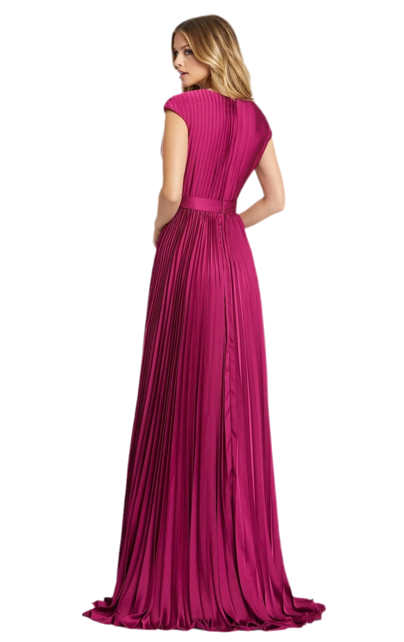 MAC DUGGAL (IEENA) | STYLE #26285 | PLEATED PLUNGE NECK BELTED A LINE GOWN