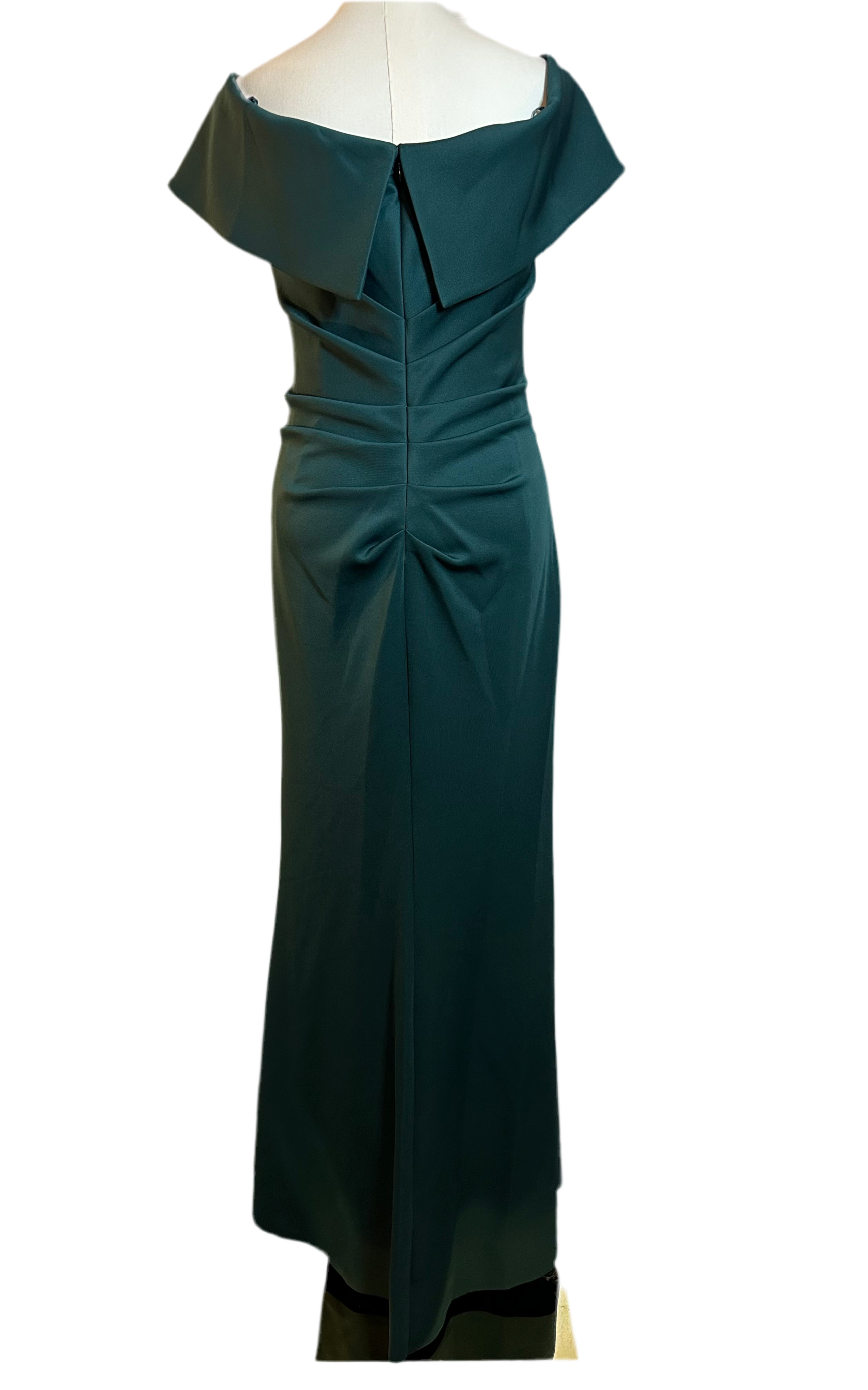 XSCAPE | STYLE #3005x | OFF THE SHOULDER SCUBA CREPE RUCHED BODICE FRONT RUFFLE GOWN