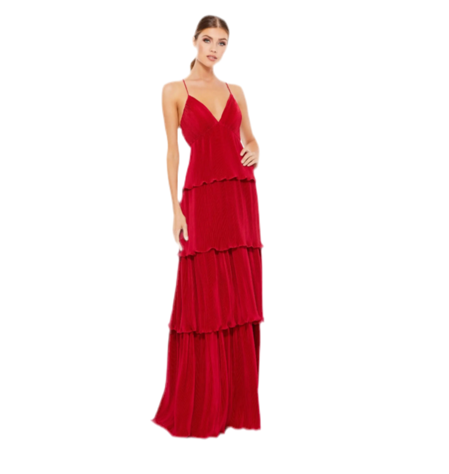 MAC DUGGAL | STYLE #49083 | SPAGHETTI STRAP RUFFLE LAYERED MAXI DRESS
