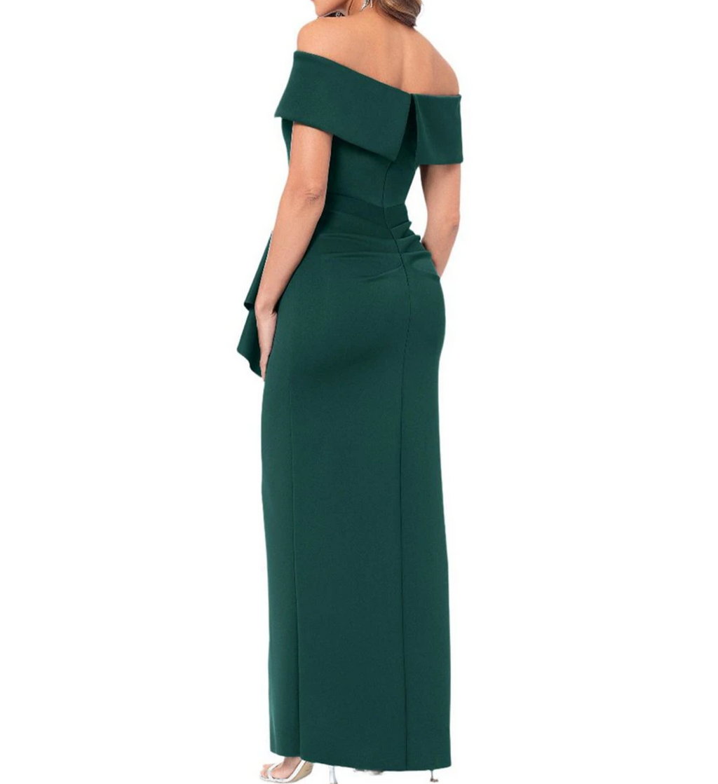 XSCAPE | STYLE #3005x | OFF THE SHOULDER SCUBA CREPE RUCHED BODICE FRONT RUFFLE GOWN